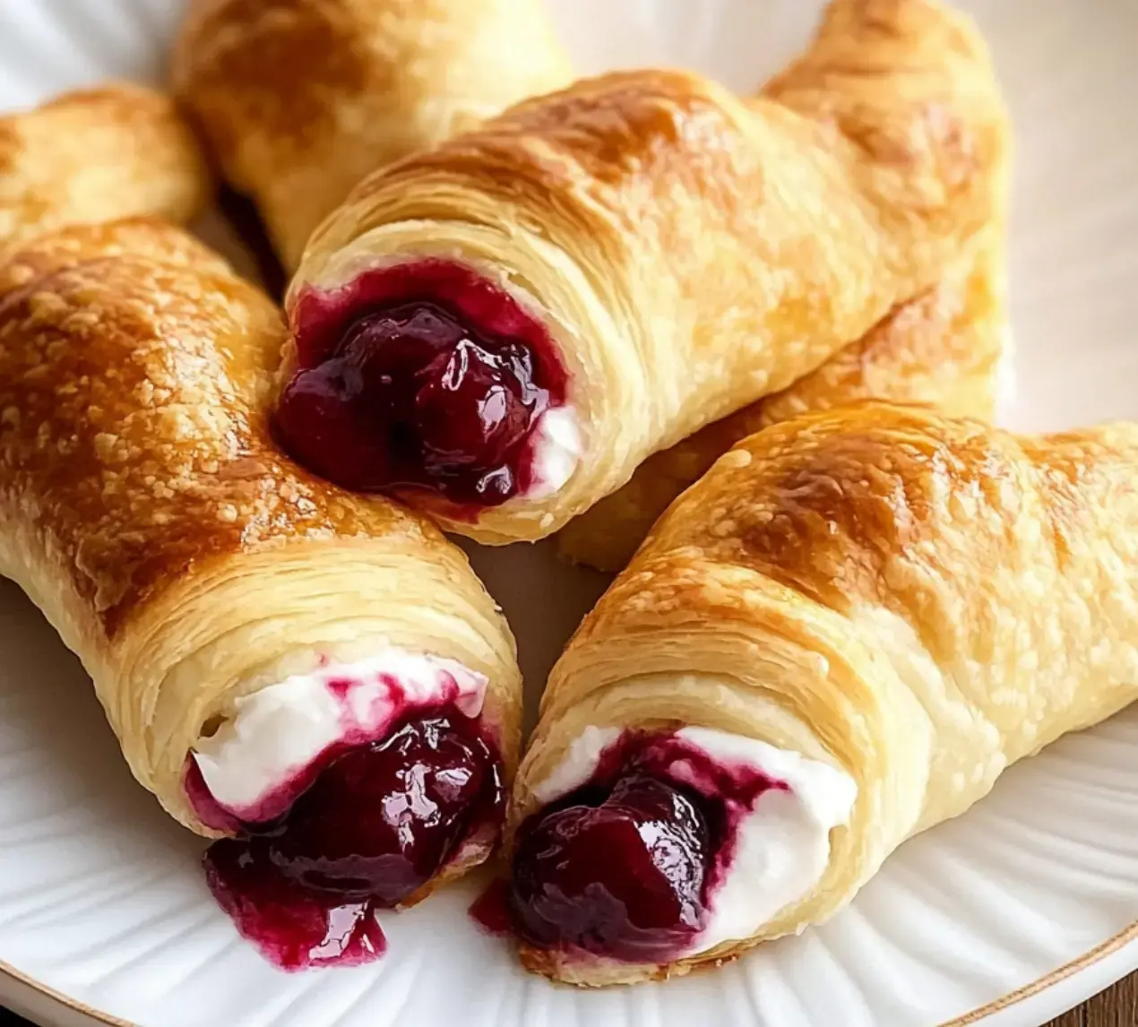 Golden crispy rolls on a plate packed with cherry goodness and smooth cream cheese.