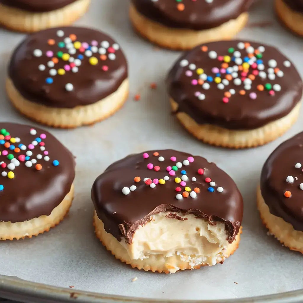 Round, chocolate-covered cookies with bright sprinkles, one cookie half eaten to show a creamy inside.