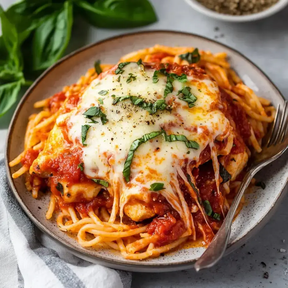 Spaghetti topped with marinara, gooey cheese, fresh basil, and cracked black pepper on a plate.