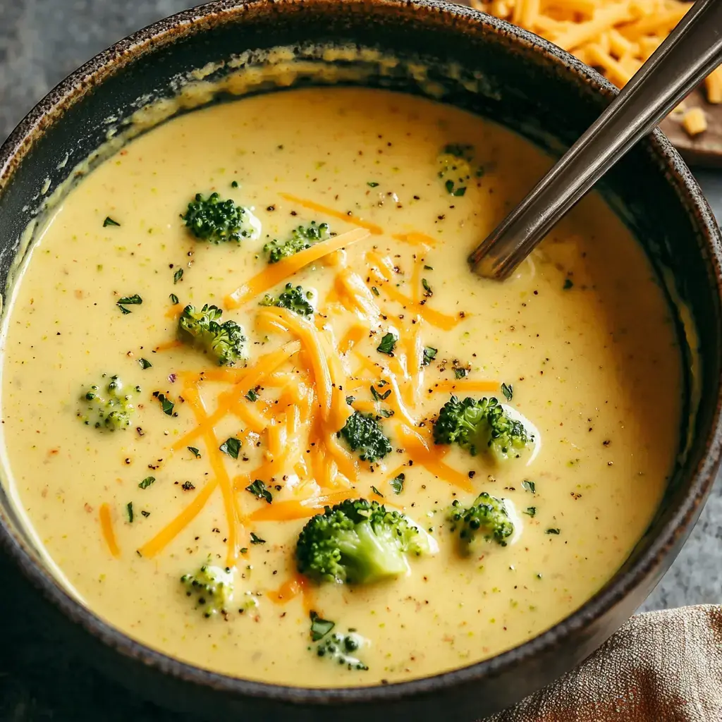 Steamy bowl filled with broccoli cheddar goodness, topped with more cheese and fresh greens.