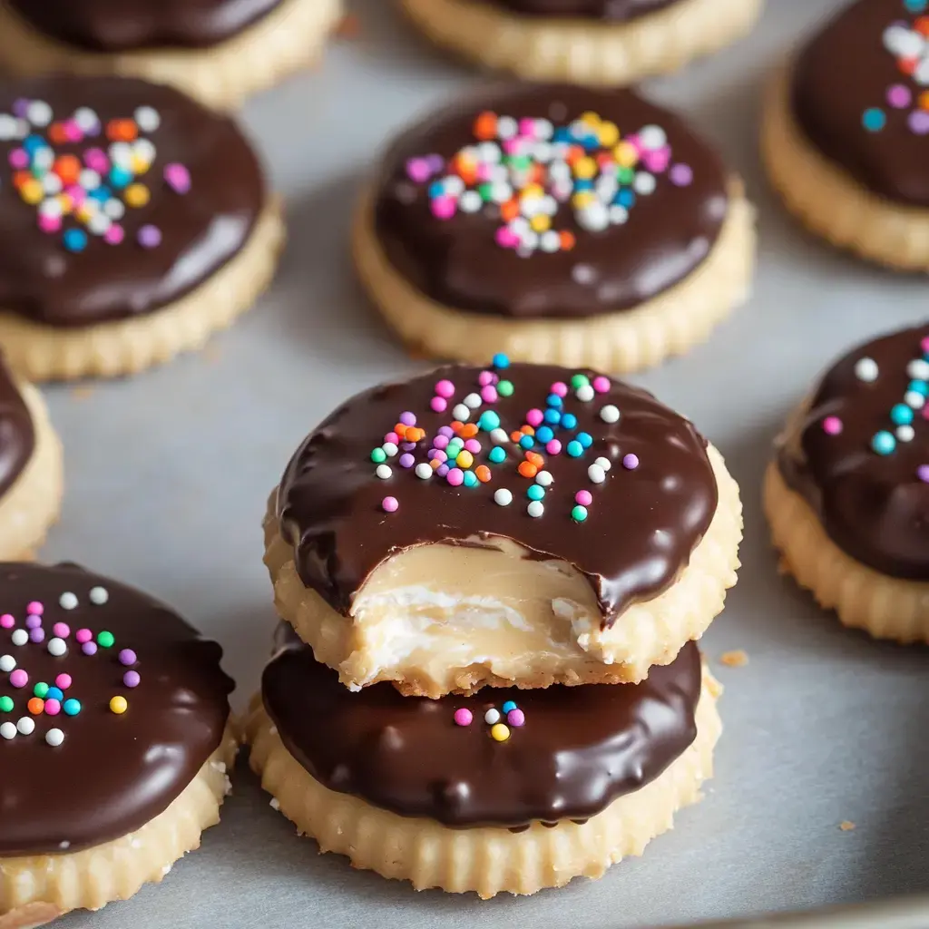 Chocolate-topped sandwich cookies, filled with creamy centers and bright sprinkles, with one bitten to show the inside.
