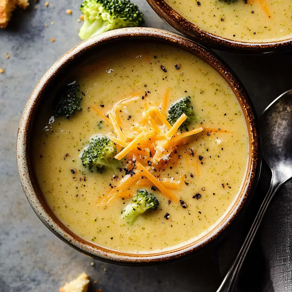 Close-up of broccoli cheddar topped with extra cheese and cracked pepper, ready to dig in with a spoon and broccoli on the side.