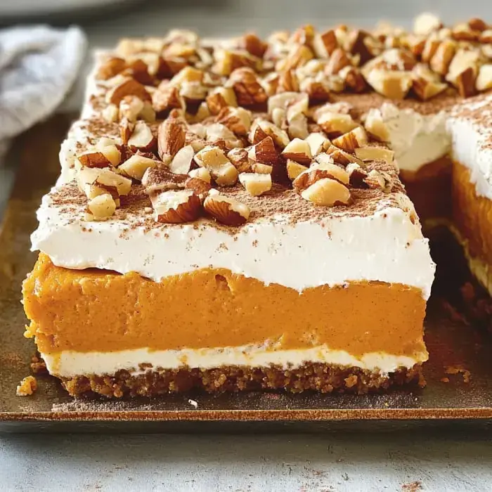 You see a stacked pumpkin dessert decked out with whipped cream and nuts in a baking tray.