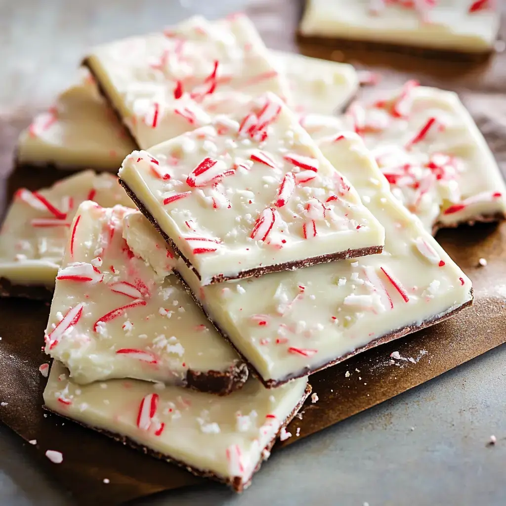 Chunks of layered peppermint chocolate bark with smashed peppermint scattered on a deep-colored surface.