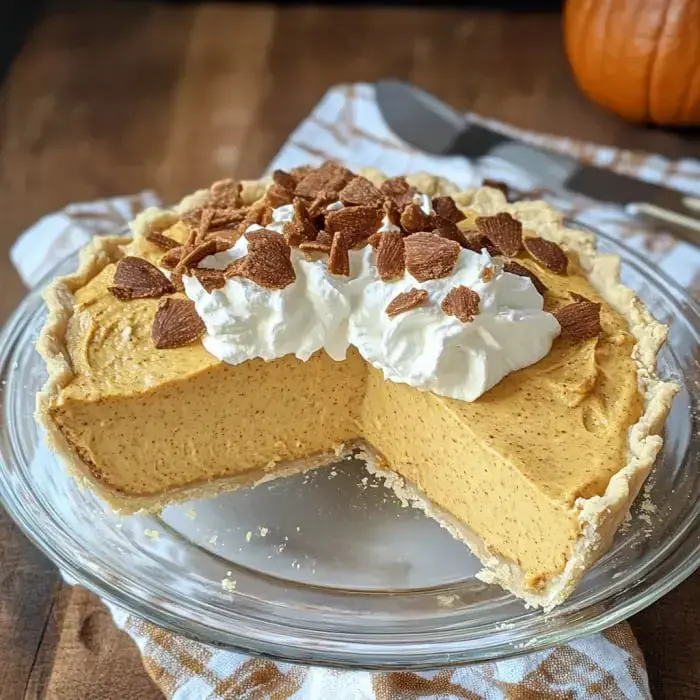 A slice of pumpkin fluff pie with billowy cream and cookie bits sits in a pie dish on a tabletop.