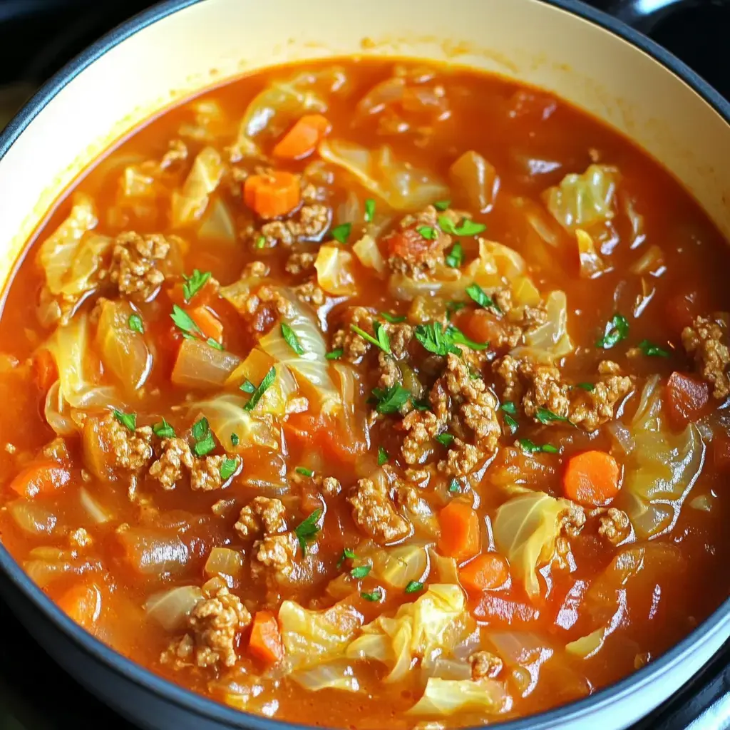 Simmering cabbage soup packed with meat, carrots, and fresh herbs in a savory tomato base.