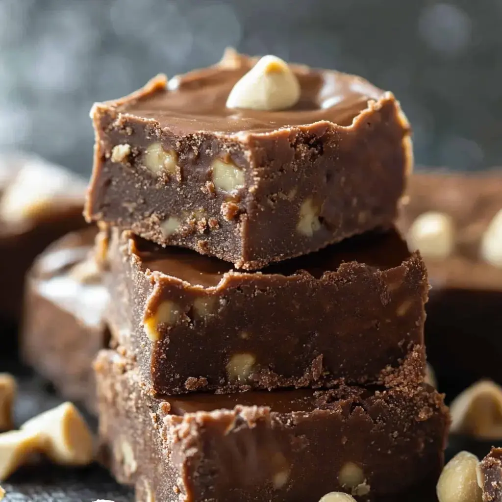 A pile of soft fudge squares with walnuts peeking out, crowned with chocolate chips.