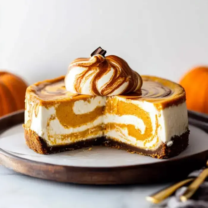 There's a slice of pumpkin cheesecake with dreamy orange swirls and a fluffy whipped cream top sitting on a wooden plate, with tiny pumpkins nearby.