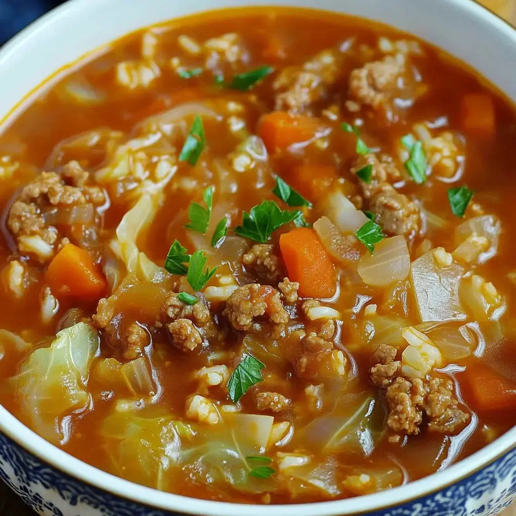 Steaming bowl topped with parsley, showing ground beef, rice, cabbage, and carrots in tomato broth.