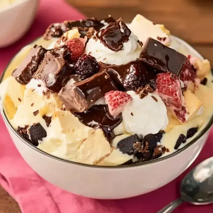 Layers of vanilla ice cream with chocolate chunks, whole raspberries, a big dollop of whipped cream, and a drizzle of chocolate sauce all piled in a dish.