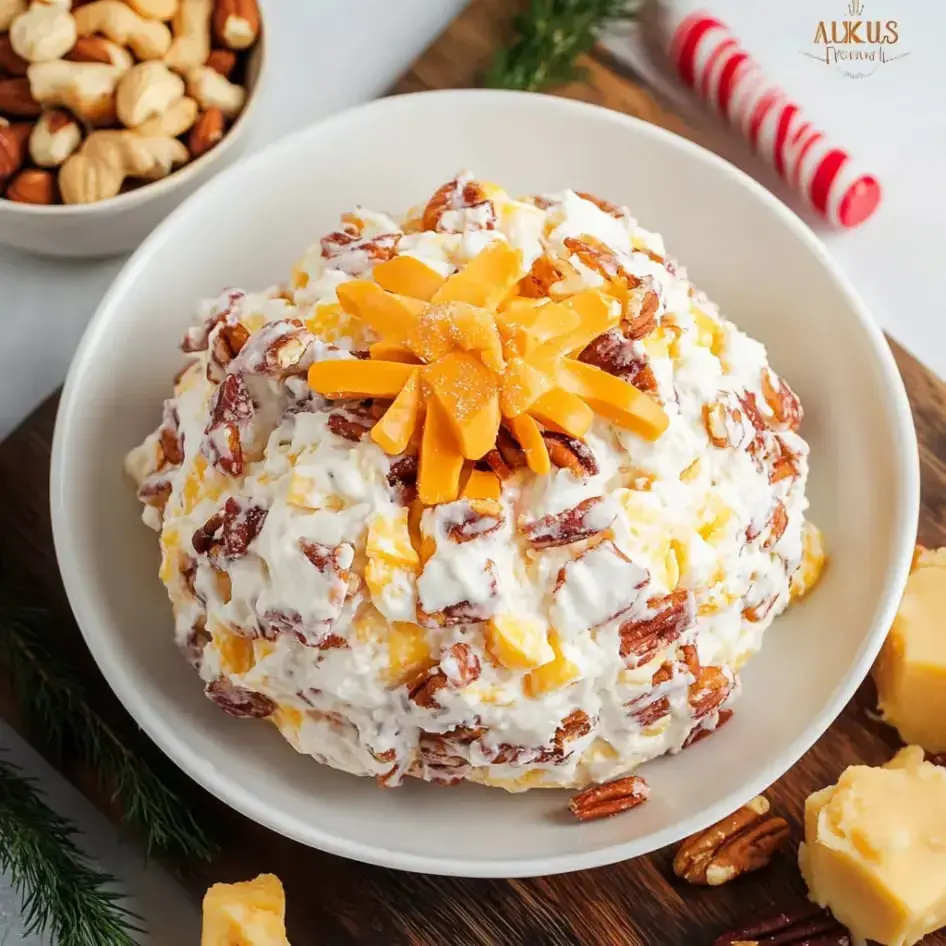 Smooth salad packed with cheddar and pecans, scooped into a white bowl next to mixed nuts.