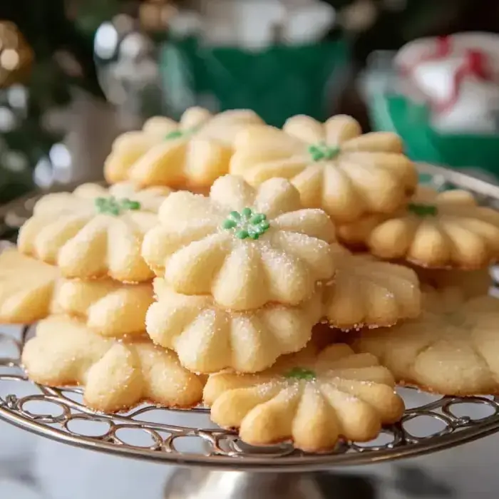 A fancy tray packed with flower cookies that have a dusting of sugar and green bits on top.