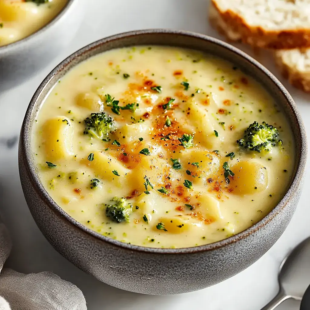 Hearty broccoli and potato soup that's creamy, topped with herbs and spices, with bread slices nearby.
