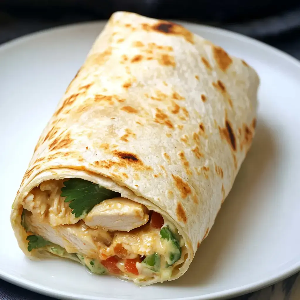 A white plate holding a grilled chicken wrap stuffed with veggies, cheese, and cilantro.