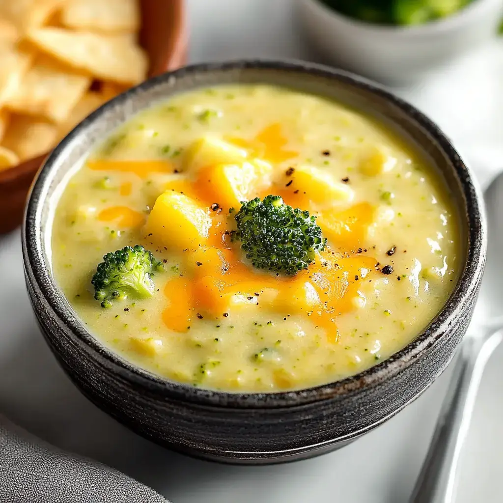 Creamy soup with broccoli and cheese swirled in, topped with florets and served with crunchy chips nearby.