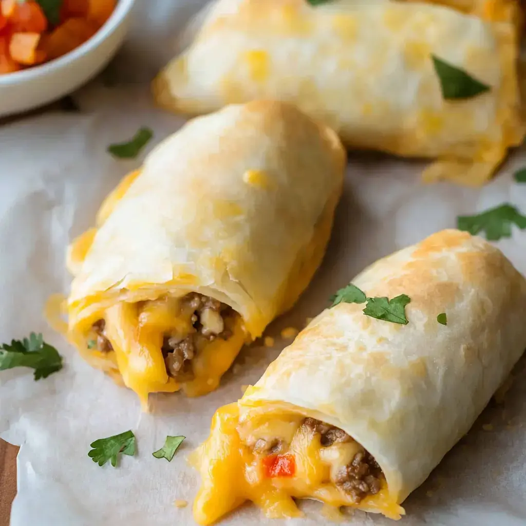 Three crispy, cheesy tortilla pockets stuffed with savory beef, topped with a sprinkle of cilantro, and a bowl of salsa on the side.