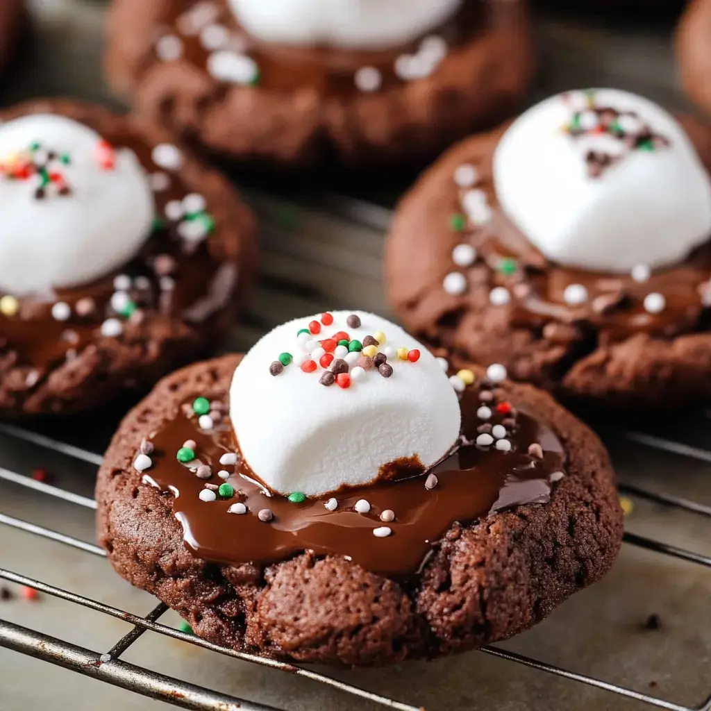 Fresh-from-the-oven chocolate cookies topped with melty chocolate, a big marshmallow, and tons of sprinkles.