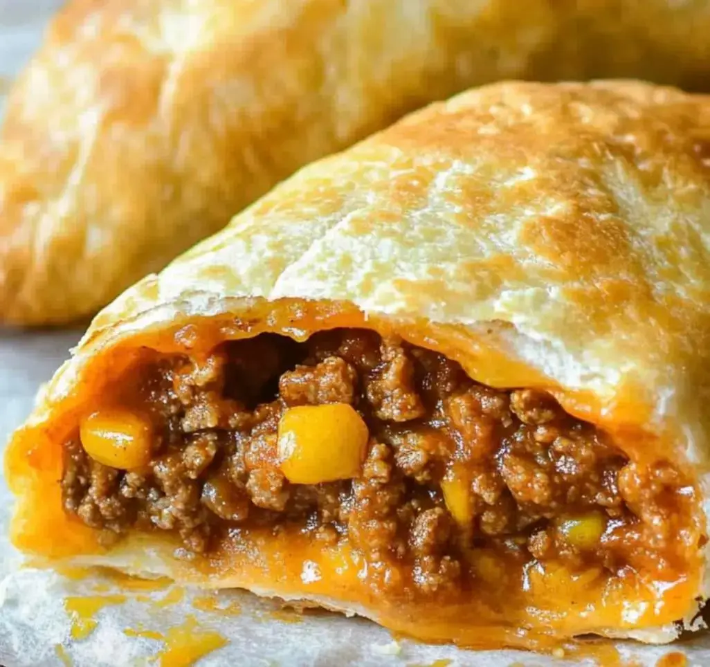 Zoomed in on a crisp tortilla pocket stuffed with flavorful beef and chopped yellow peppers.
