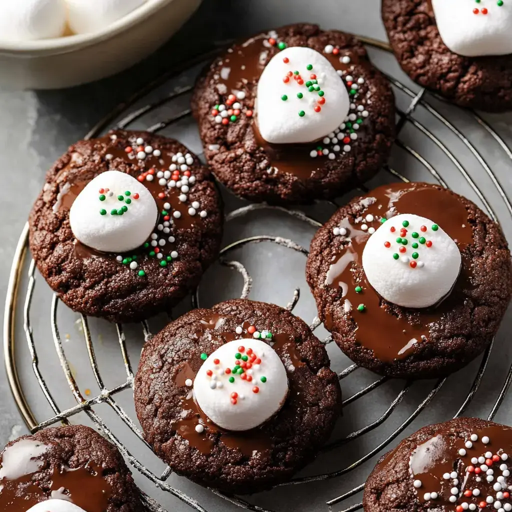 Chocolate cookies oozing chocolate, fluffy marshmallows, and bright colorful sprinkles up close.