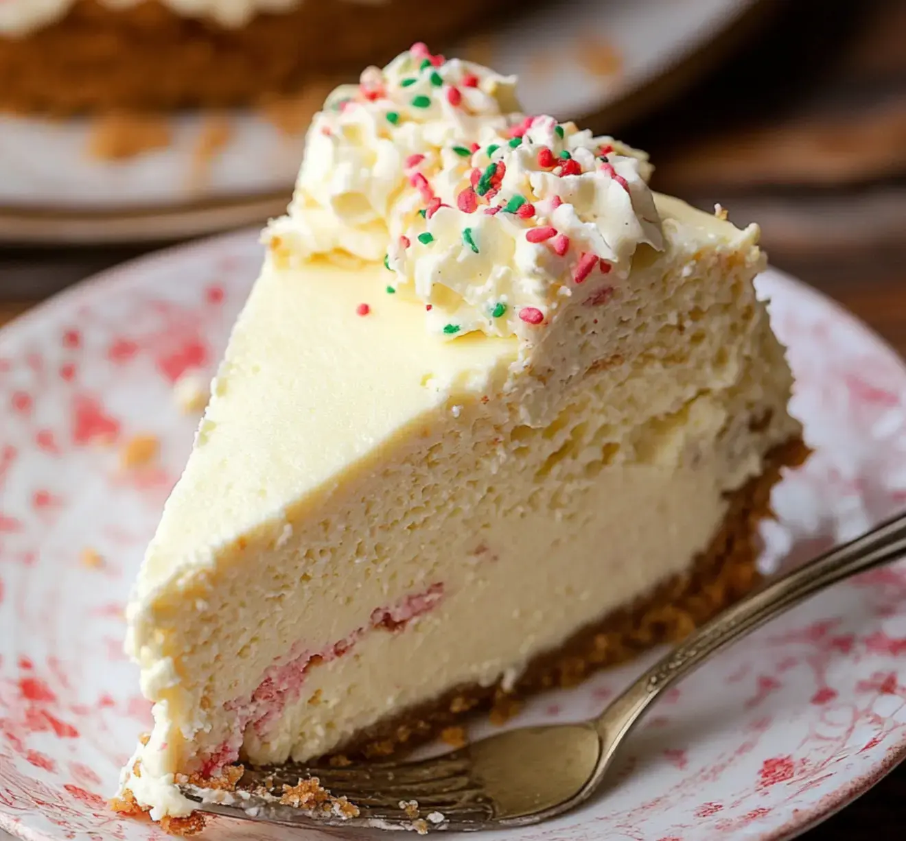 A thick slice of creamy cheesecake, dotted with sprinkles and topped with whipped cream, sits on a floral plate beside a fork.