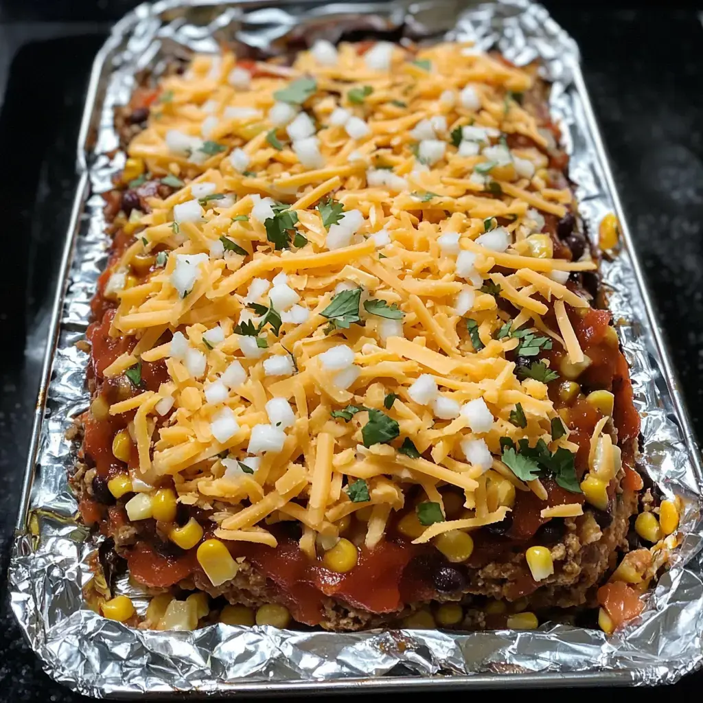 Cheddar cheese melted on a baked dish, finished with diced onions, cilantro, and a drizzle of sauce, plus layers of black beans and corn inside a foil tray.