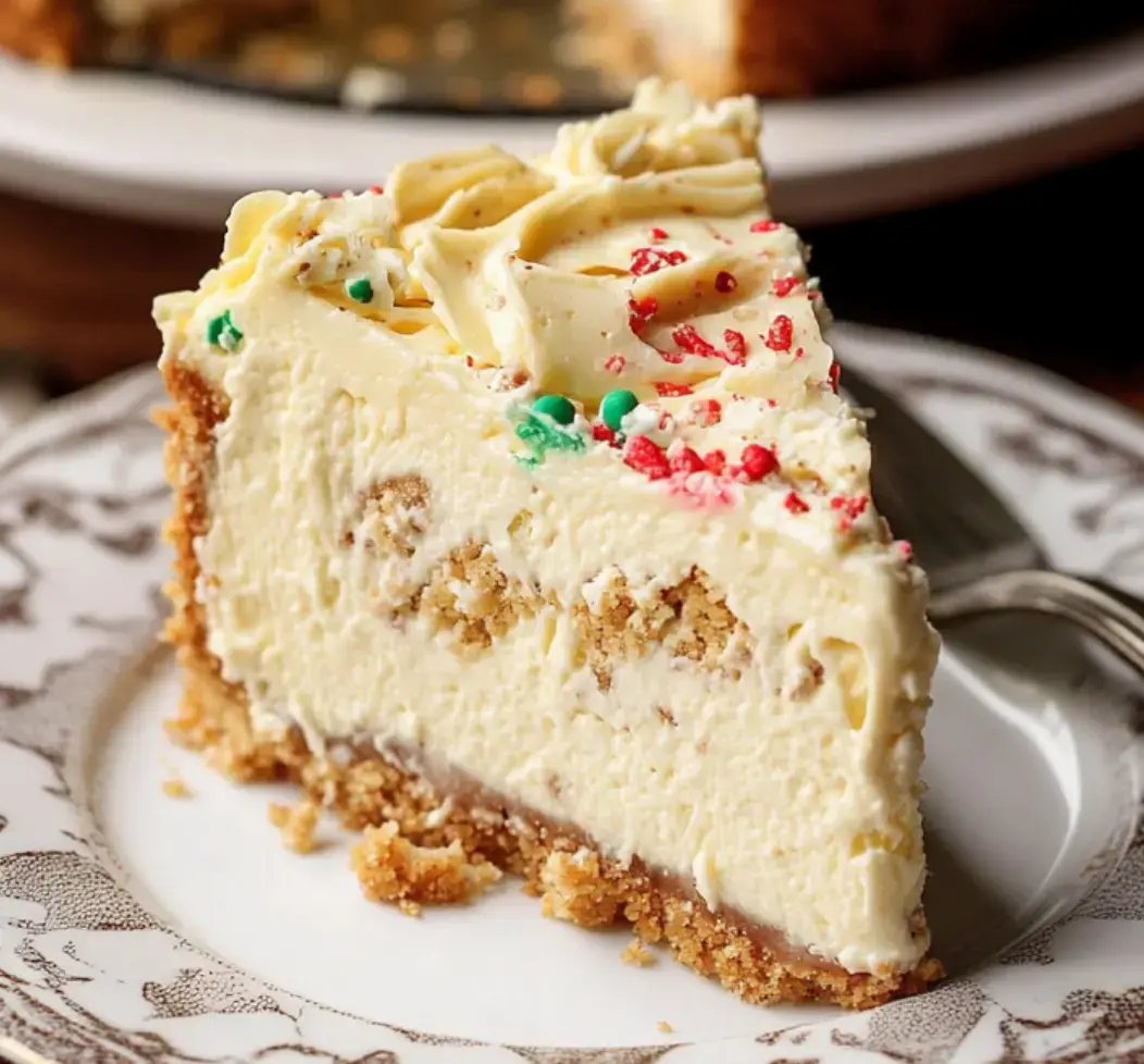 A cheerful wedge of cheesecake with bright sprinkles, served on a pretty patterned plate.