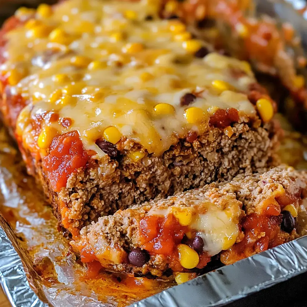 Slices of meatloaf covered in melty cheese, salsa, and corn, served in a foil-lined pan.
