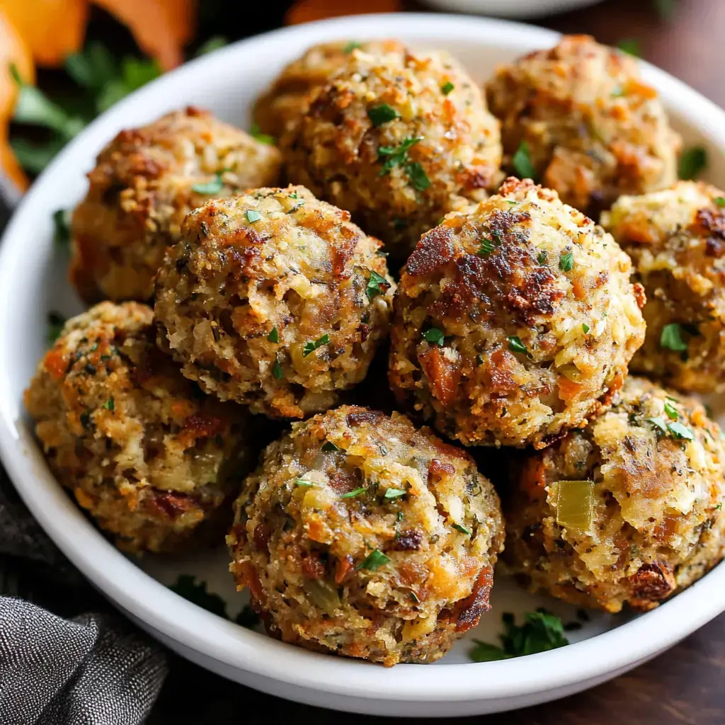 Zoomed-in shot of golden stuffing balls in a white bowl, topped with parsley.