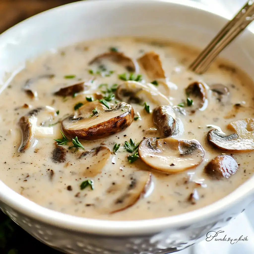 A creamy mushroom soup topped with herbs in a white bowl.