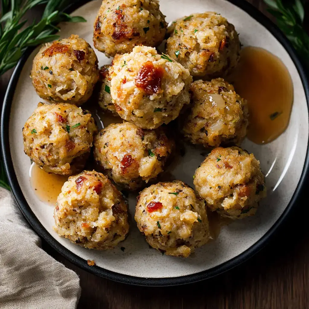 Stuffing balls on a plate with herbs on top and sauce drizzled over.