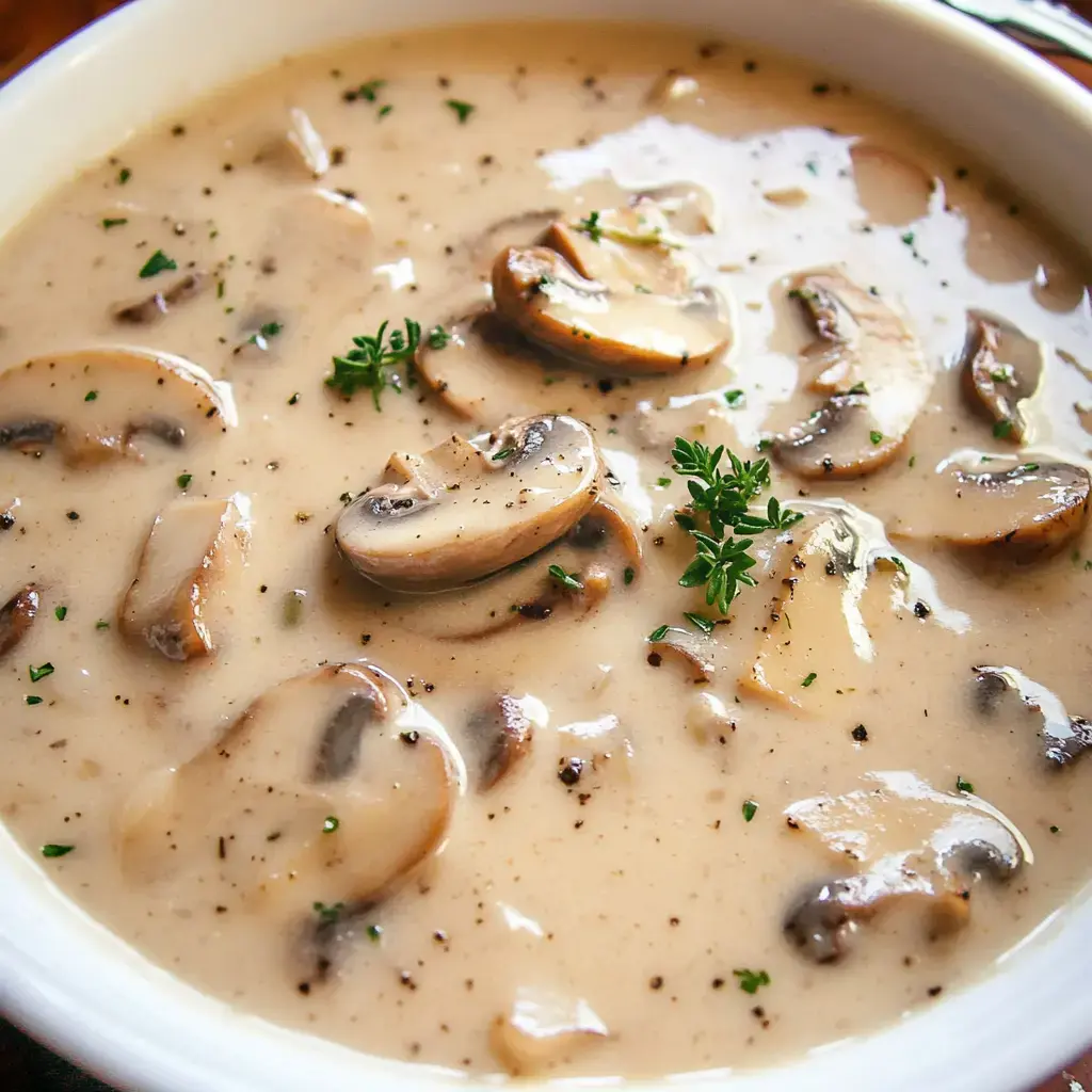 A creamy mushroom soup finished with herbs and black pepper.