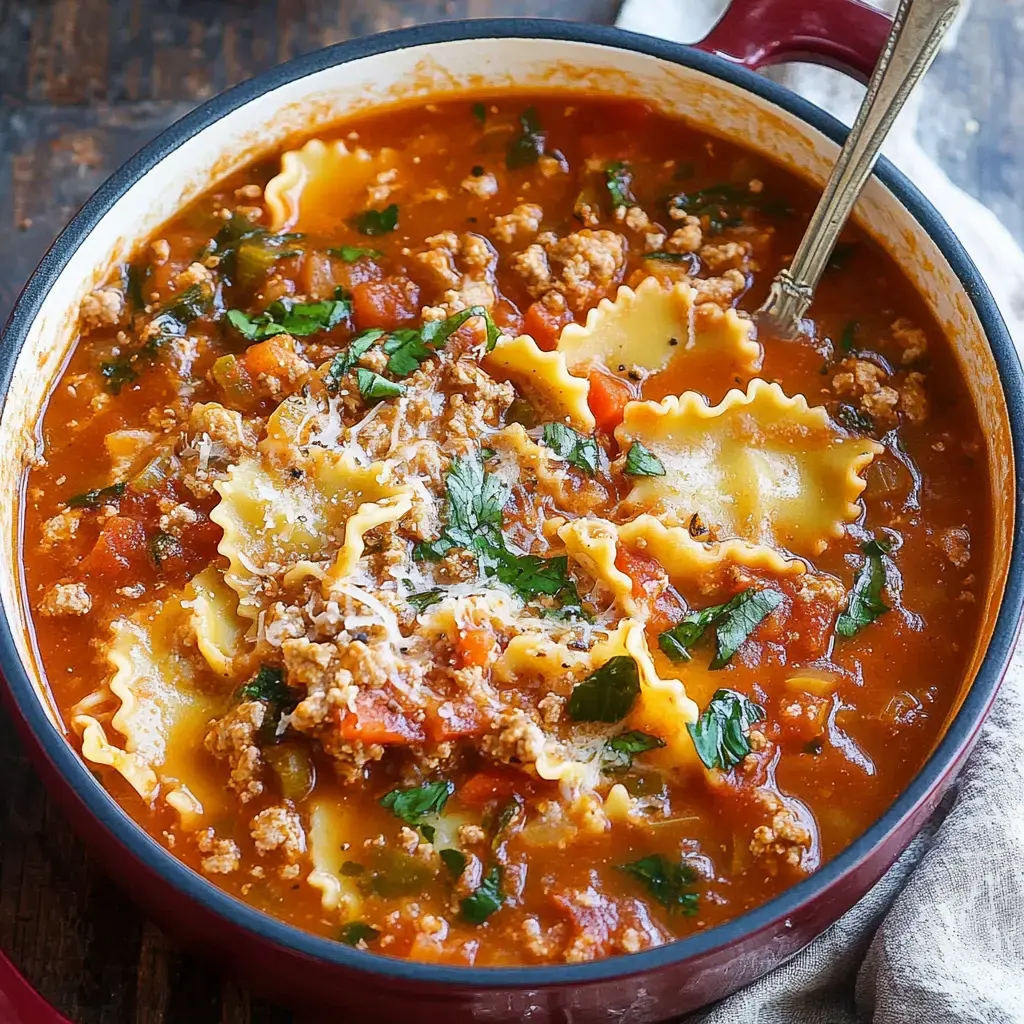 Big bowl of chunky soup filled with noodles, meat, bright tomatoes, fresh herbs, and stretchy cheese.
