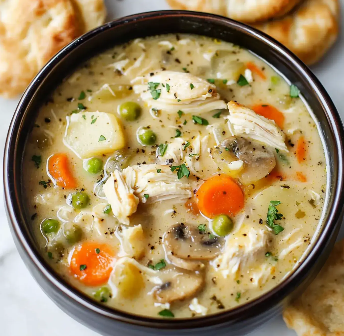 A big bowl with chicken soup full of torn chicken, chunks of carrots, pieces of potato, peas, mushrooms, and parsley, served with biscuits on the side.
