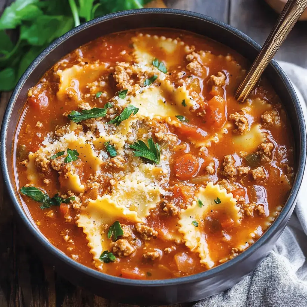 Warm bowl of noodle soup with beef, tomatoes, herbs, and melted cheese on top.