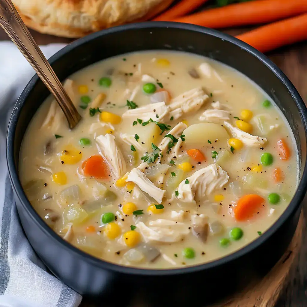 A deep black bowl holding thick, creamy chicken soup with shredded chicken, lots of veggies, green herbs on top, and a spoon inside.