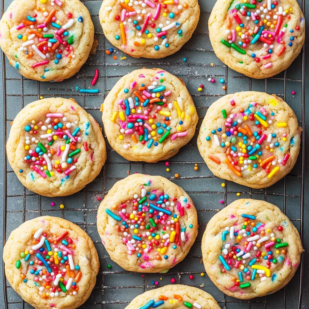 Warm sprinkle cookies cooling on a rack, beaming with color.