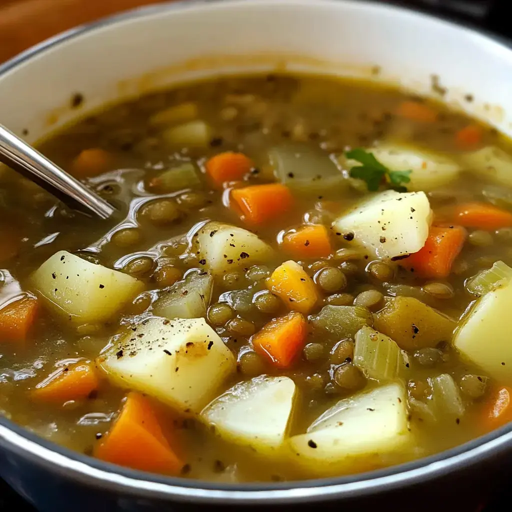 Close look at a bowl loaded with lentil soup, diced carrots, celery, and potatoes, topped with cilantro.