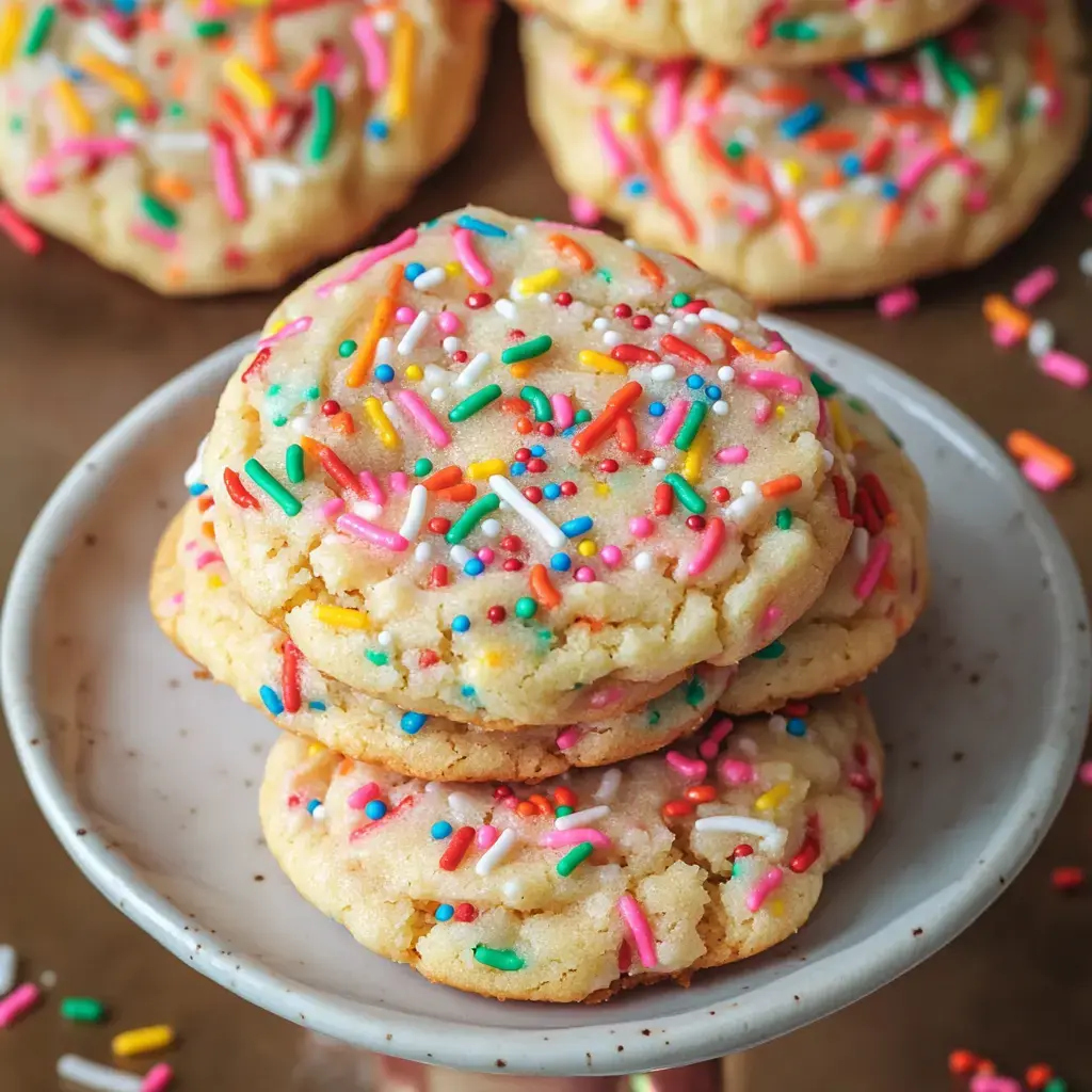 A plate loaded with sprinkle cookies sits in focus, more cookies and scattered sprinkles behind it.