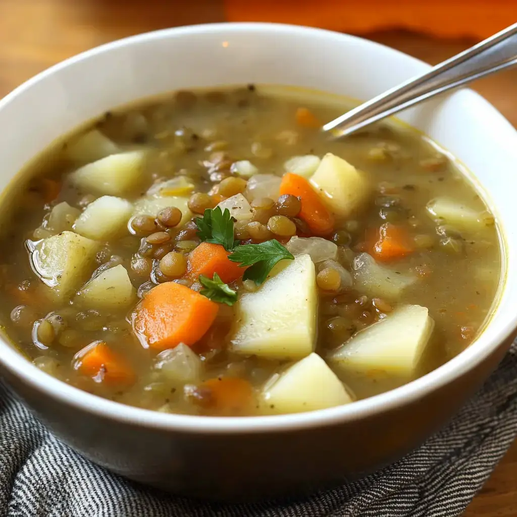 A cozy bowl filled with lentil soup, with carrots and potatoes, topped with fresh parsley.