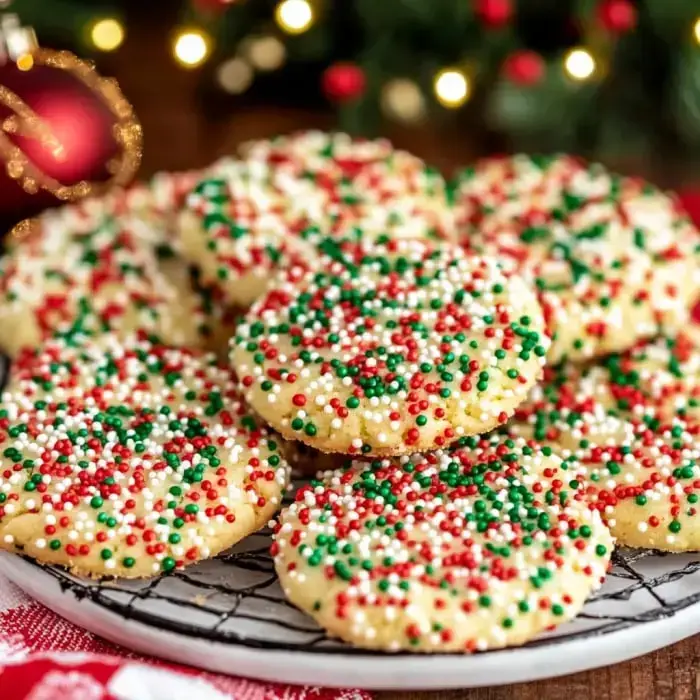 A plate piled with bright cookies in holiday sprinkles, surrounded by Christmas decor.