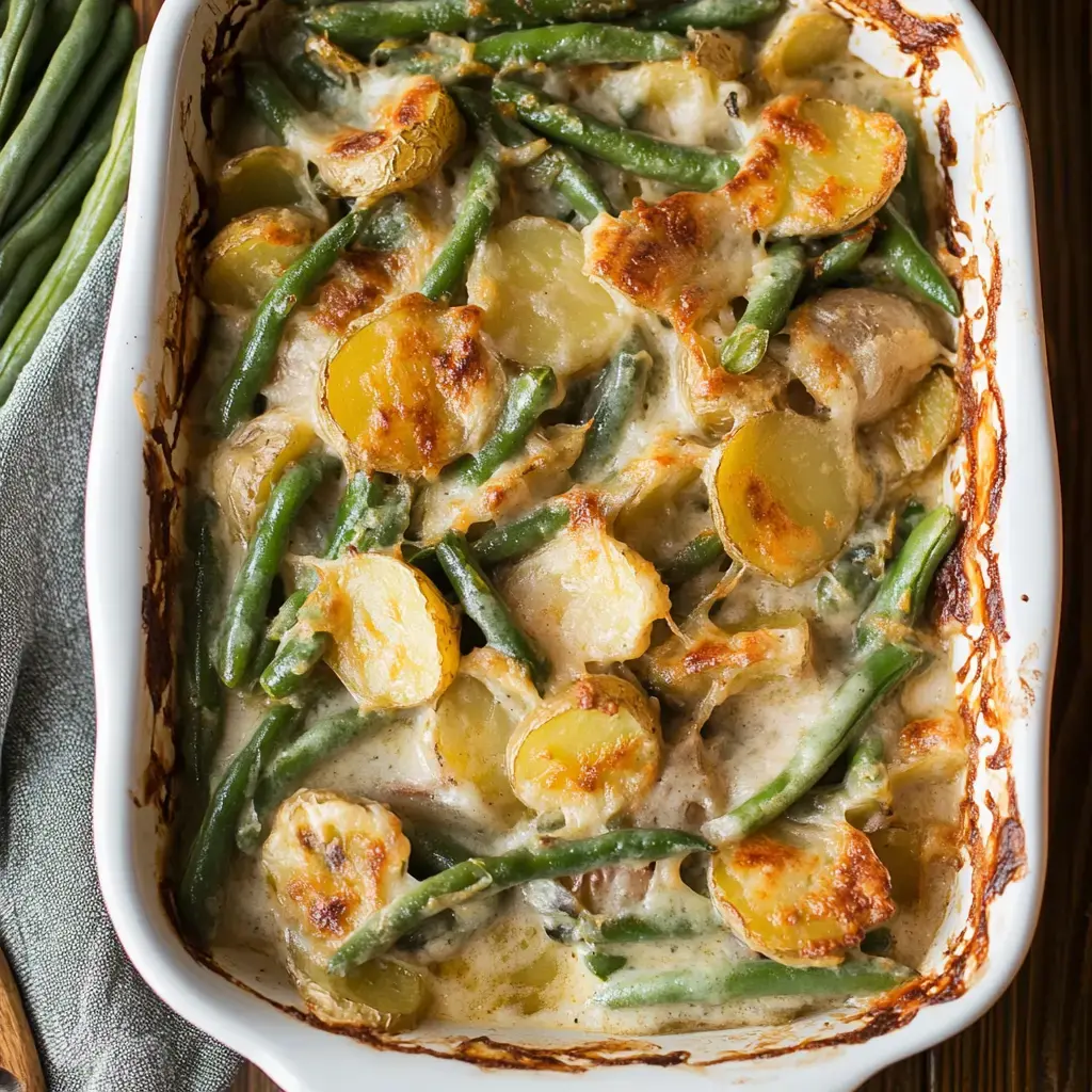 Golden cheesy crust covers creamy potatoes and green beans baked in casserole style.
