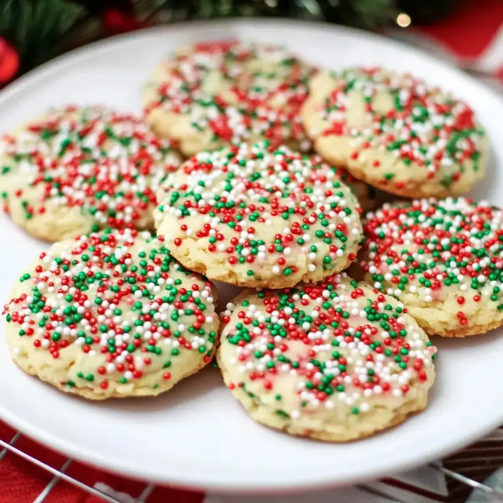A big white plate covered in holiday sugar cookies with colorful Christmas sprinkles.