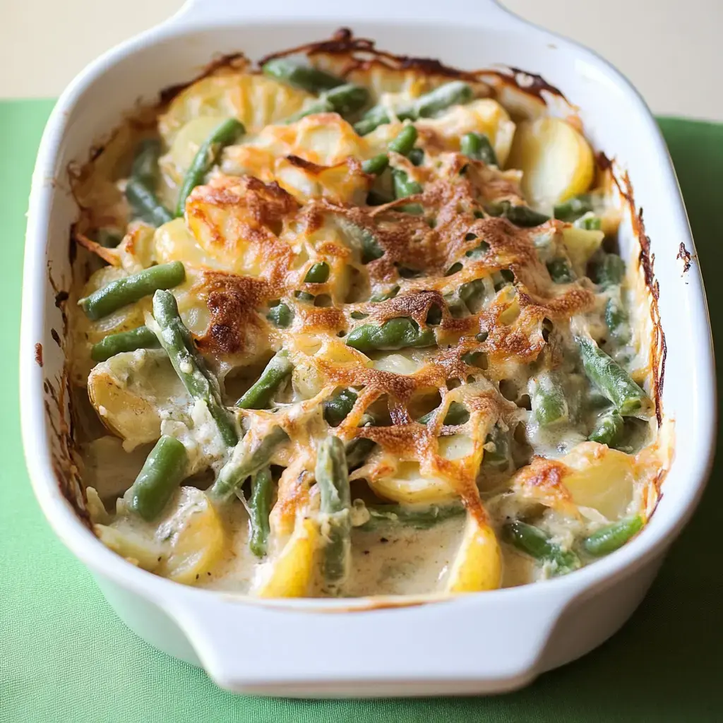Cheesy, golden crust covers a bubbling dish filled with potatoes and green beans.