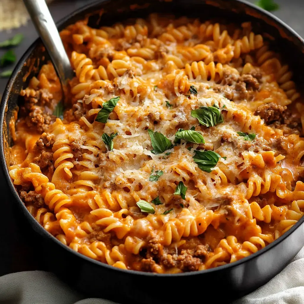 Rotini pasta smothered in cheesy beefy tomato sauce, topped with fresh basil, all in a skillet.