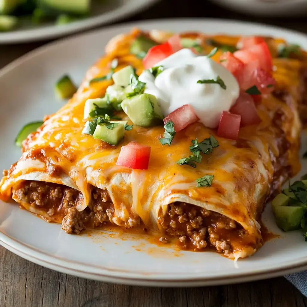 Cheesy beef enchiladas on a plate, loaded with chopped tomatoes, cucumbers, cilantro, and topped with sour cream.