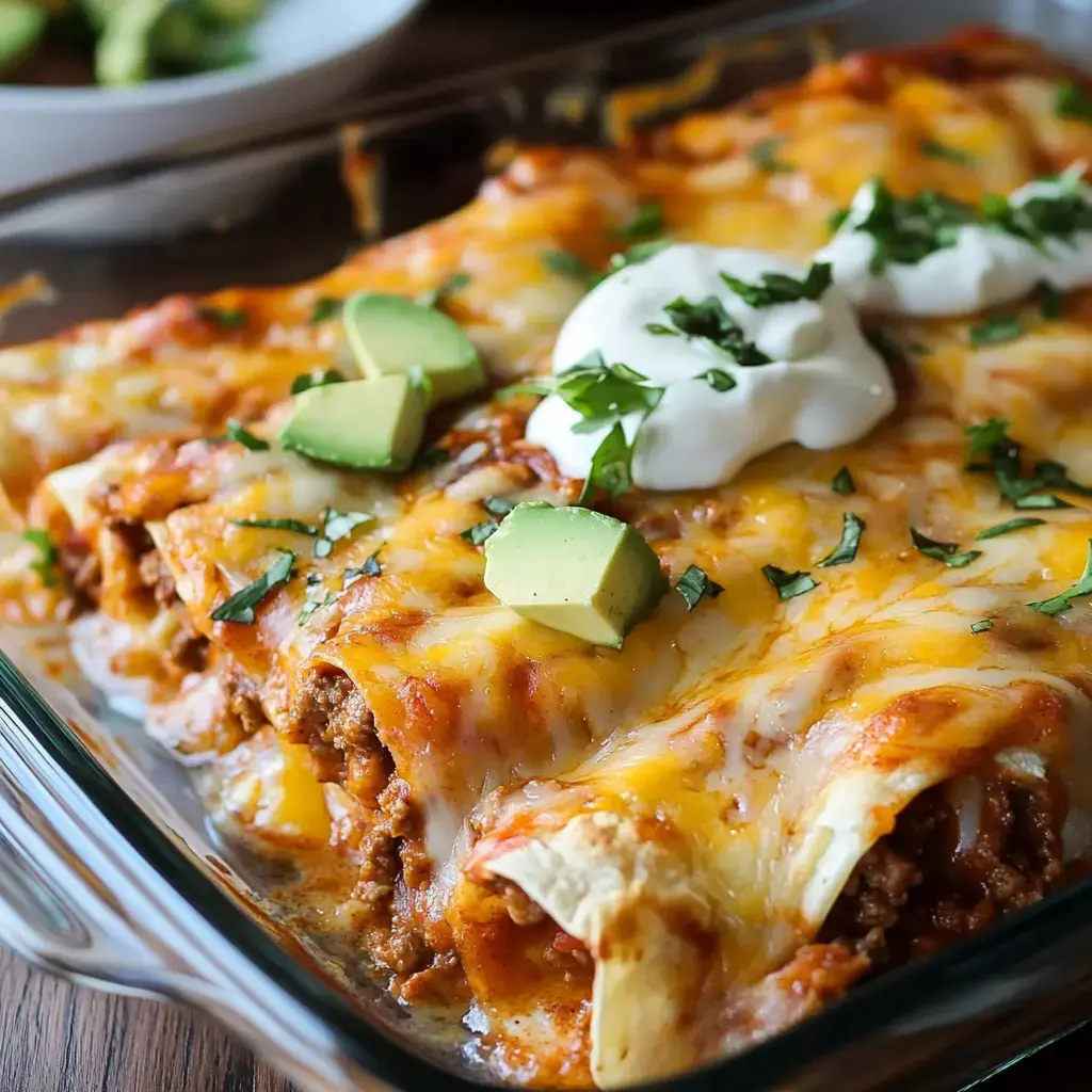 Close-up view of cheesy beef enchiladas in a glass pan, topped with sour cream, avocado, and cilantro.