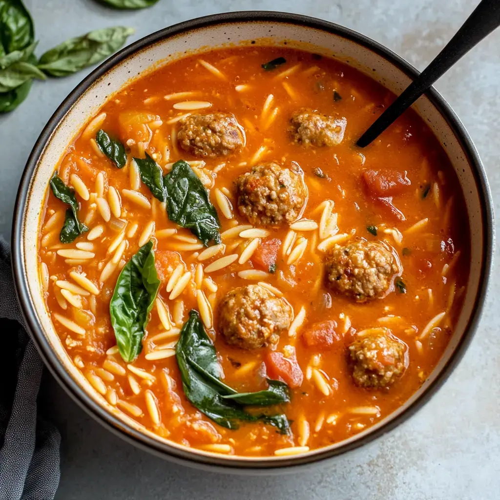 Bowl filled with tomato soup, orzo, meatballs, and a few basil leaves on top.