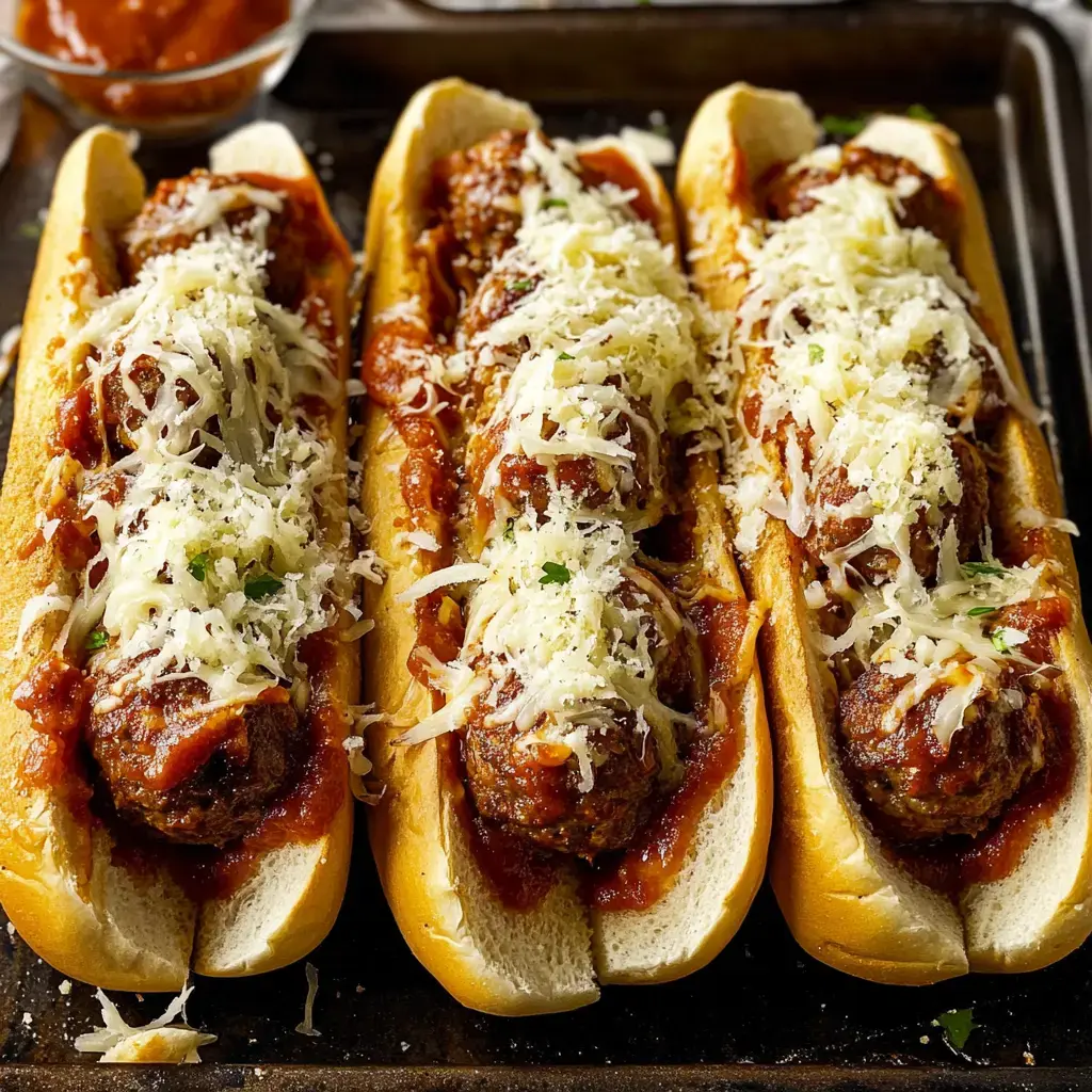 Three sandwiches packed with meatballs, layered with chunky tomato sauce and plenty of shredded cheese, all lined up on a baking pan.
