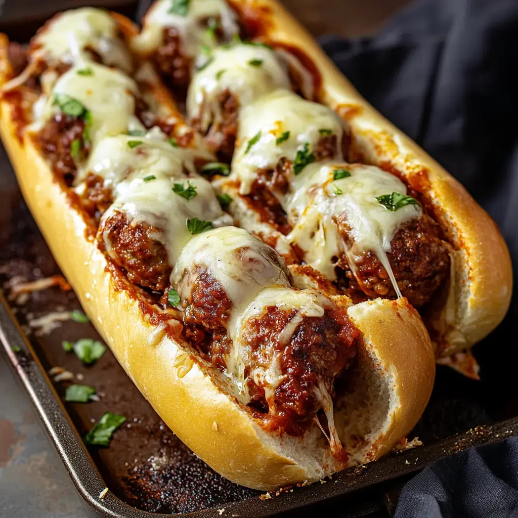 Loaded sandwich stuffed with juicy meatballs, classic tomato sauce, gooey melted cheese, and a sprinkle of parsley, all on a baking pan.