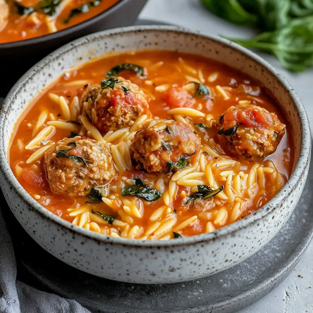 Soup bowl with meatballs, orzo, tomatoes, and spinach floating in savory broth.
